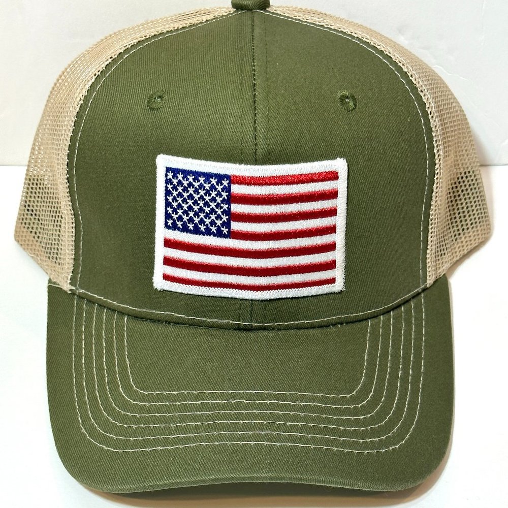American Flag Hat - USA Hat - Olive/Tan Trucker Snapback Quality Hat Ball Cap
